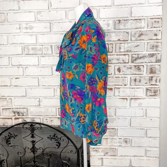 Vintage 80s Alfred Dunner Teal Pink Orange Floral Tie Neck Button Down Top 14 - Picture 7 of 9